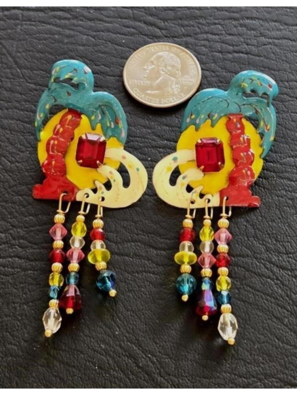 RARE Lunch at the Ritz 1988 Palm Tree Beaded Dangle Earrings Signed - Picture 2 of 7
